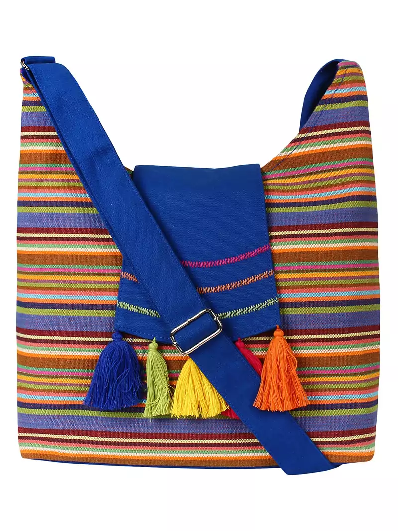 Anekaant Fringed Blue and Multicoloured Striped Cotton Sling Bag