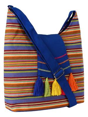 Anekaant Fringed Blue and Multicoloured Striped Cotton Sling Bag 2