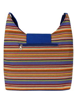 Anekaant Fringed Blue and Multicoloured Striped Cotton Sling Bag 3