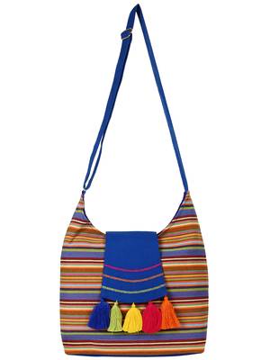 Anekaant Fringed Blue and Multicoloured Striped Cotton Sling Bag 4