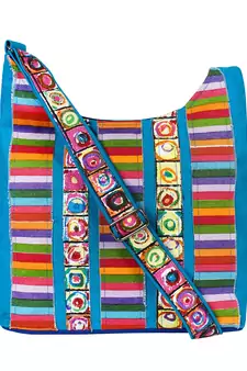 Anekaant Motley Blue Multicoloured Striped Cotton Sling Bag