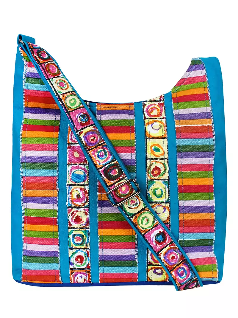 Anekaant Motley Blue Multicoloured Striped Cotton Sling Bag