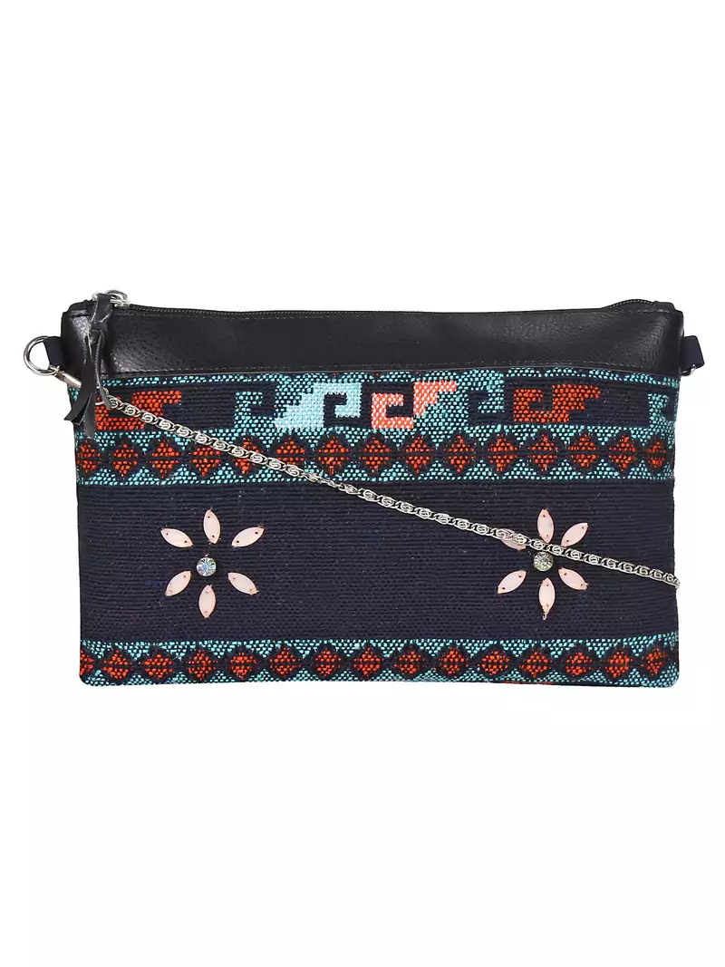Anekaant Ethnic Black & Multicoloured Cotton Jacquard Sling Bag