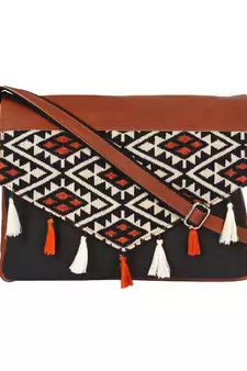 Anekaant Envelope Black and brown Cotton jacquard and leatherette Sling Bag