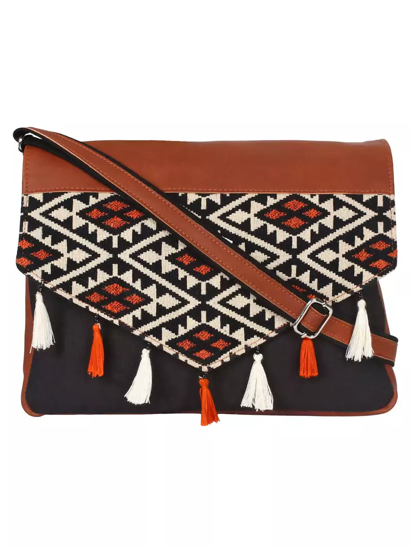 Anekaant Envelope Black and brown Cotton jacquard and leatherette Sling Bag