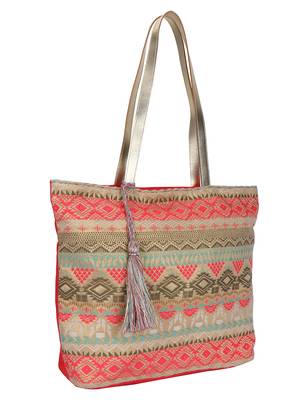 Totemic Peach and Multicoloured Jacquard and Cotton Shoulder Bag 2