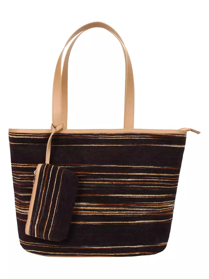 Anekaant Wooly Striped Cotton Velvet Shaulder Bag Brown