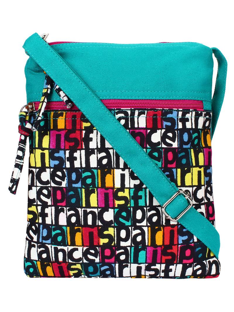 Anekaant La Borsa Alphabet Print Canvas Sling Bag Turquoise