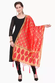 Light Red Zari Woven Jacquard Dupatta