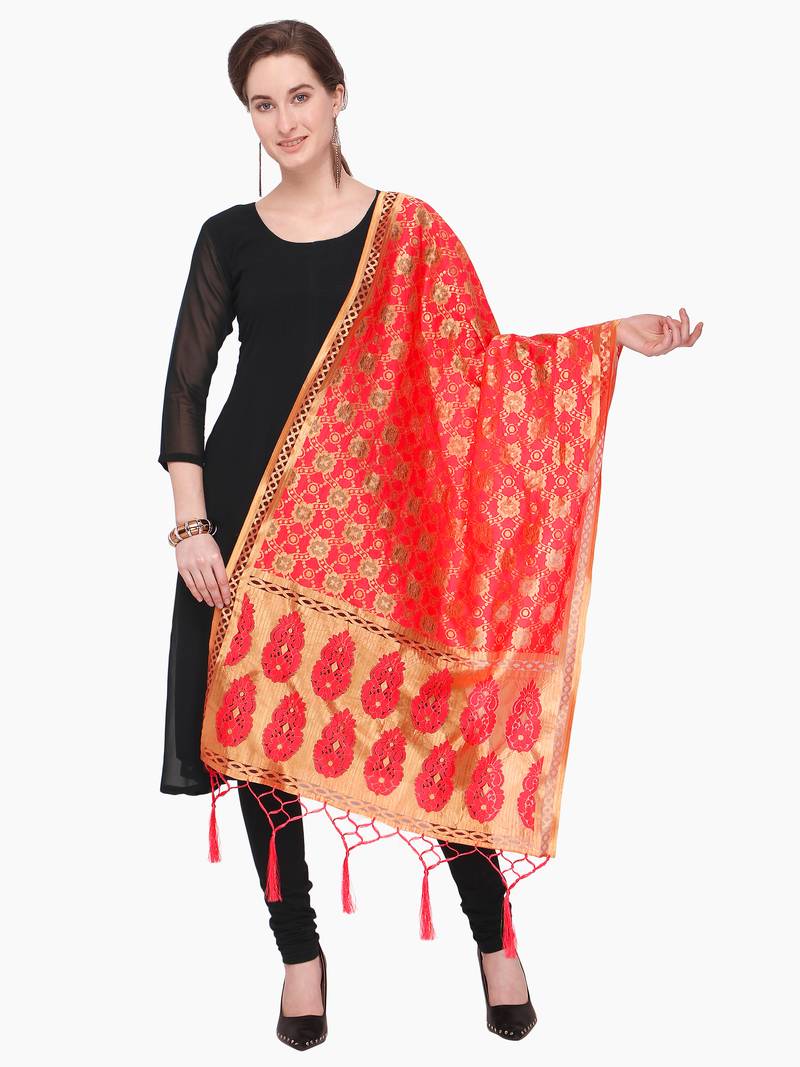 Light Red Zari Woven Jacquard Dupatta