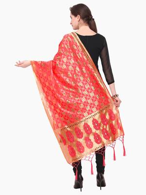 Light Red Zari Woven Jacquard Dupatta 3