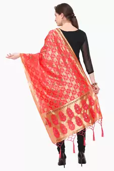 Light Red Zari Woven Jacquard Dupatta
