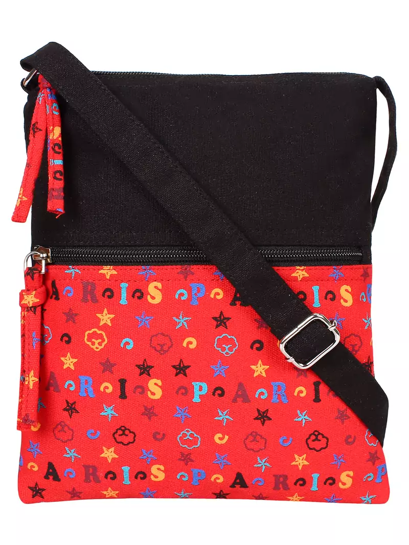 Anekaant La Borsa Alphabet Print Canvas Sling Bag Black and Red