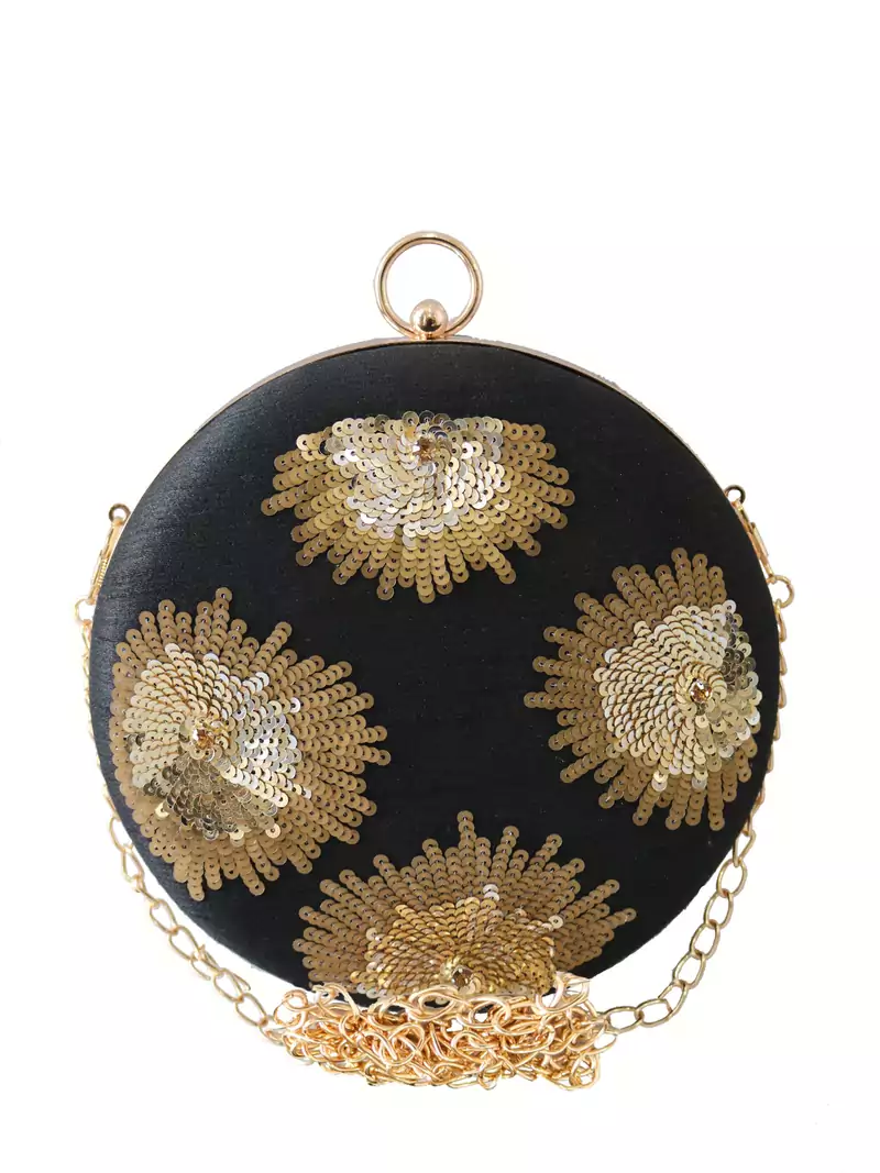 Anekaant Ethnic Embroidered Party Round Clutch Bag Black and Gold