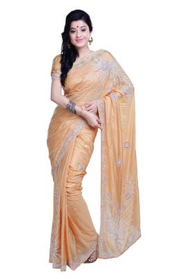 Beige Embroidered Silk Blend Saree With Blouse 1