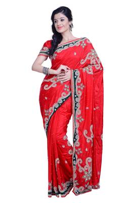 Red Embroidered Silk Blend Saree With Blouse 1