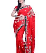 Red Embroidered Silk Blend Saree With Blouse