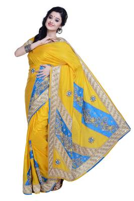 Yellow Embroidered Silk Blend Saree With Blouse 1