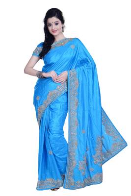 Blue Embroidered Silk Blend Saree With Blouse 1
