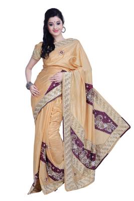 Beige Embroidered Silk Blend Saree With Blouse 1