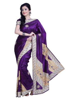 Purple Embroidered Silk Blend Saree With Blouse 1