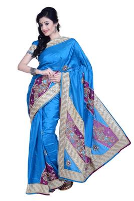 Blue Embroidered Silk Blend Saree With Blouse 1
