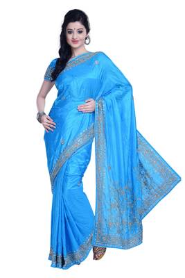 blue embroidered silk blend saree with blouse 1