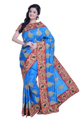 Blue Embroidered Silk Blend Saree With Blouse 1