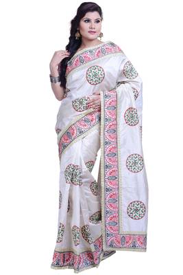 White Embroidered Art Silk Saree With Blouse 1