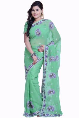 Green Embroidered Chiffon Saree With Blouse 1