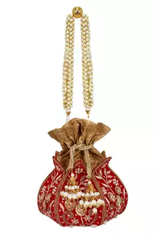 Anekaant Lotus Artsilk Party Potli Bag Red and Gold