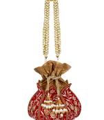 Anekaant Lotus Artsilk Party Potli Bag Red and Gold