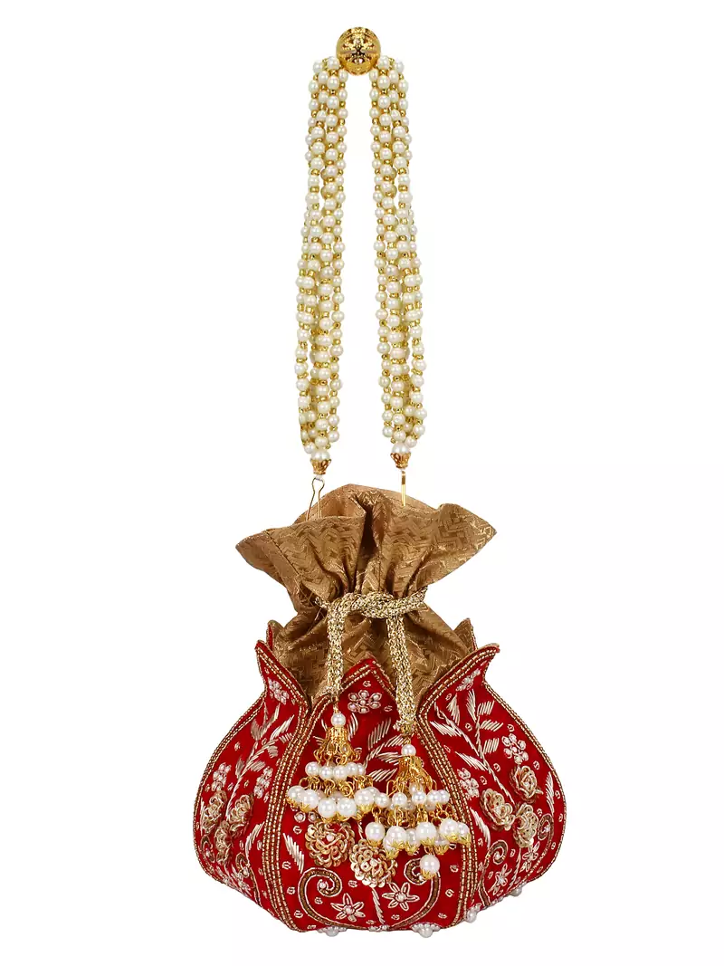 Anekaant Lotus Artsilk Party Potli Bag Red and Gold