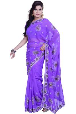 Blue Embroidered Chiffon Saree With Blouse 1