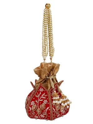 Anekaant Lotus Artsilk Party Potli Bag Red and Gold 2