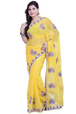 Yellow Embroidered Chiffon Saree With Blouse 1