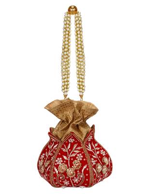 Anekaant Lotus Artsilk Party Potli Bag Red and Gold 3