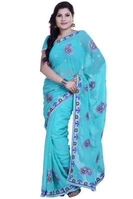 Blue Embroidered Chiffon Saree With Blouse 1