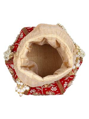 Anekaant Lotus Artsilk Party Potli Bag Red and Gold 4