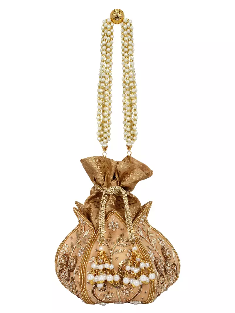 Anekaant Lotus Artsilk Party Potli Bag Gold