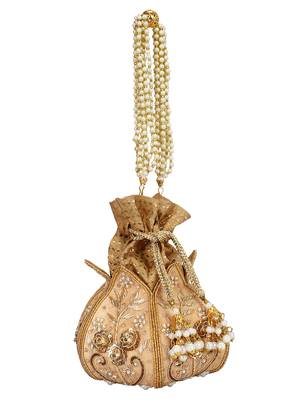 Anekaant Lotus Artsilk Party Potli Bag Gold 2
