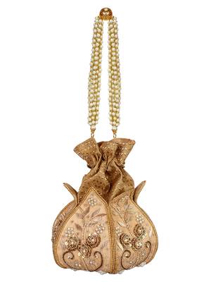 Anekaant Lotus Artsilk Party Potli Bag Gold 3