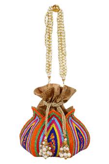 Anekaant Lotus Artsilk Party Potli Bag Multicoloured