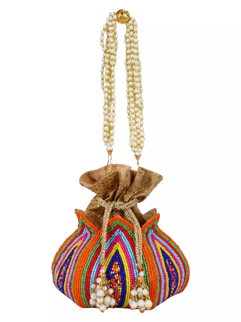 Anekaant Lotus Artsilk Party Potli Bag Multicoloured