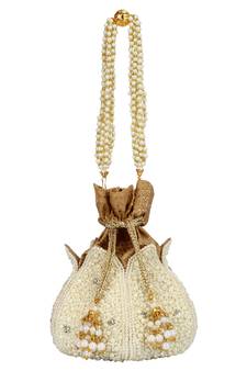 Anekaant Lotus Artsilk Party Potli Bag White and Gold