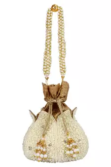 Anekaant Lotus Artsilk Party Potli Bag White and Gold