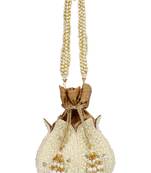 Anekaant Lotus Artsilk Party Potli Bag White and Gold