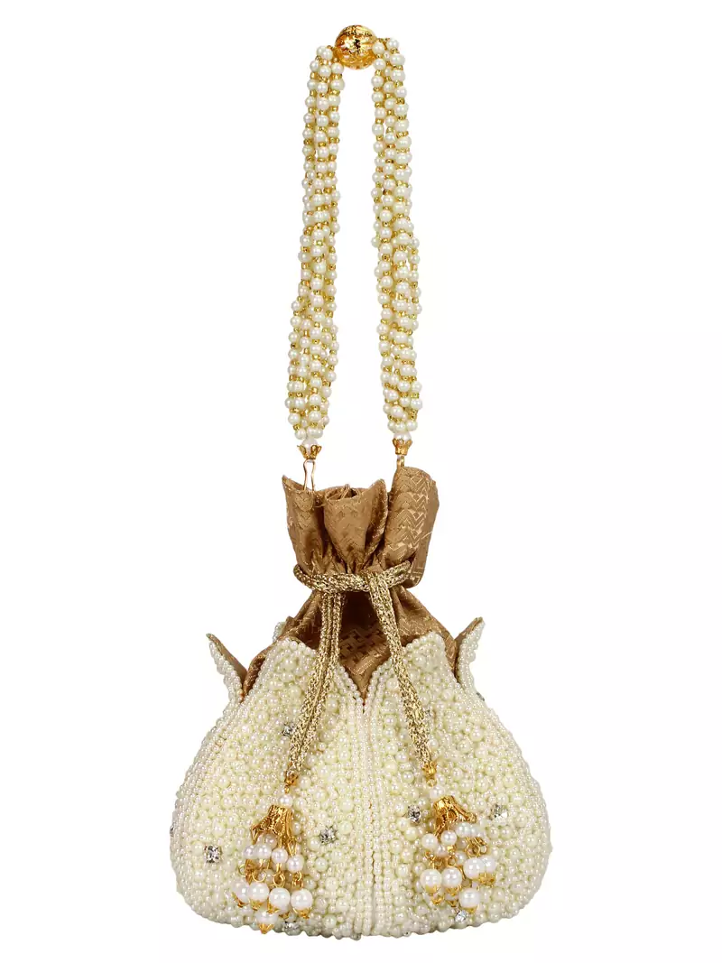 Anekaant Lotus Artsilk Party Potli Bag White and Gold
