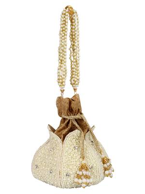 Anekaant Lotus Artsilk Party Potli Bag White and Gold 2