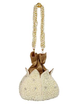 Anekaant Lotus Artsilk Party Potli Bag White and Gold 3